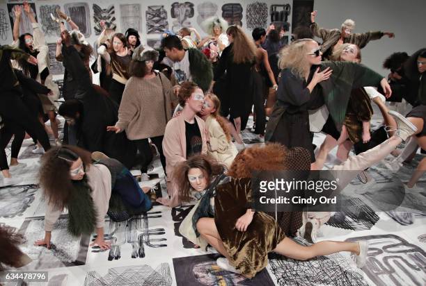 Performers/ models take part in the Berenik Presentation during New York Fashion Week on February 9, 2017 in New York City.
