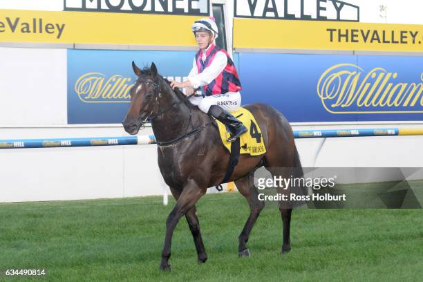 Beau Mertens returns to the mounting yard on I Got Shivers after winning Adapt Australia Handicap at Moonee Valley Racecourse on February 10, 2017 in...