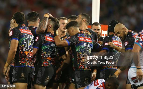 Players from the indigenous All Stars celebrate a try during the NRL All Stars match between the 2017 Harvey Norman All Stars and the NRL World All...