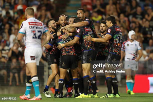 Indigenous All Stars celerbrate a try from Ashley Taylor during the NRL All Stars match between the 2017 Harvey Norman All Stars and the NRL World...