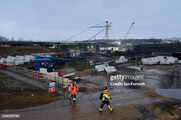 Operations begin as the final 100 metre centrepiece of Sunderland's new River Wear crossing is gradually lifted into position on February 10, 2017 in...