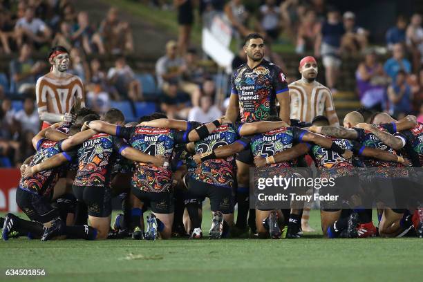 The Indigenous Allstars perform the war cry before the start of the game during the NRL All Stars match between the 2017 Harvey Norman All Stars and...