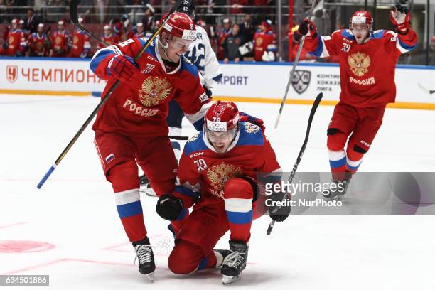 Team Russias Andrei Svetlakov and Alexei Kruchinin celebrates after scoring a goal during the Euro Hockey Tour game between Russia and Finland at the...