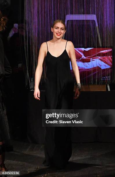 Designer Katie Gallagher walks the runway at Katie Gallagher's fashion show during New York Fashion Week at Projective Space on February 9, 2017 in...