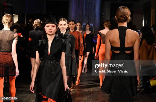 Models walk the runway at Katie Gallagher's fashion show during New York Fashion Week at Projective Space on February 9, 2017 in New York City.