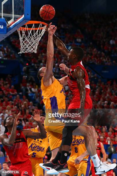 Casey Prather of the Wildcats sets for a dunk against Aleks Maric of the Kings of the Kings during the round 19 NBL match between the Perth Wildcats...