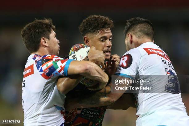 Dane Gagai of the Indigenous All Stars is tackled during the NRL All Stars match between the 2017 Harvey Norman All Stars and the NRL World All Stars...