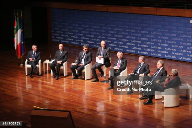 The director of La Stampa Maurizio Molinari, with six former directors, during the celebration of the the 150th anniversary of the newspaper, in...