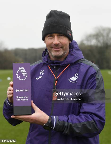 Swansea City manager Paul Clement with his Barclays Manager of the Month award at Swansea City's training ground at Fairwood on February 9, 2017 in...