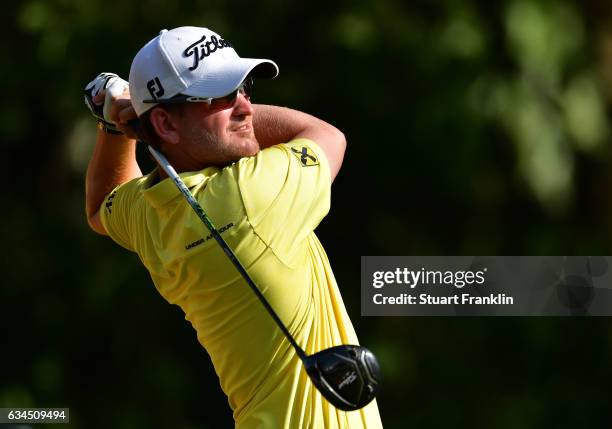 Bernd Wiesberger of Austria plays a shot during Day Two of the Maybank Championship Malaysia at Saujana Golf Club on February 10, 2017 in Kuala...