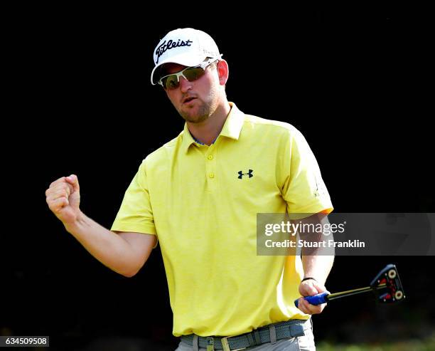 Bernd Wiesberger of Austria celebrates his eighth consecutive birdie on the 15th hole during Day Two of the Maybank Championship Malaysia at Saujana...