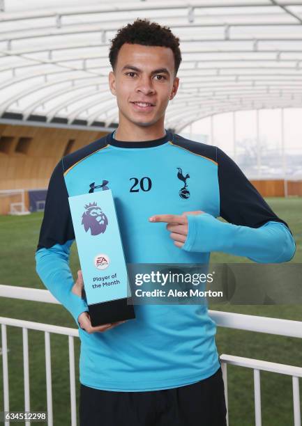 Dele Alli of Tottenham poses with the Premier League Player Of The Month award at Tottenham Hotspur Training Centre on February 9, 2017 in Enfield,...