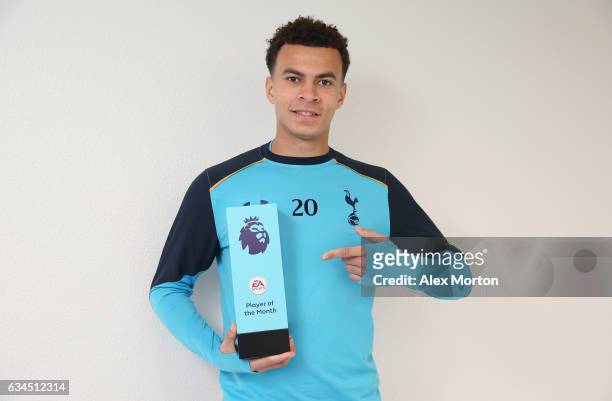 Dele Alli of Tottenham poses with the Premier League Player Of The Month award at Tottenham Hotspur Training Centre on February 9, 2017 in Enfield,...