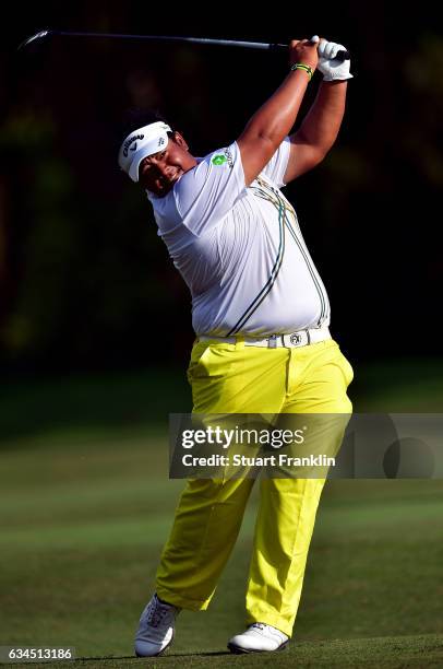 Kiradech Aphibarnrat of Thailand plays a shot during Day Two of the Maybank Championship Malaysia at Saujana Golf Club on February 10, 2017 in Kuala...