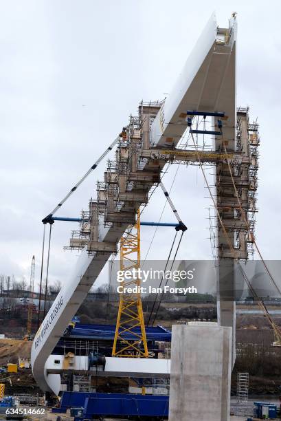 The final 100 metre centrepiece of Sunderland's new River Wear crossing is lifted into place on February 10, 2017 in Sunderland, United Kingdom. The...