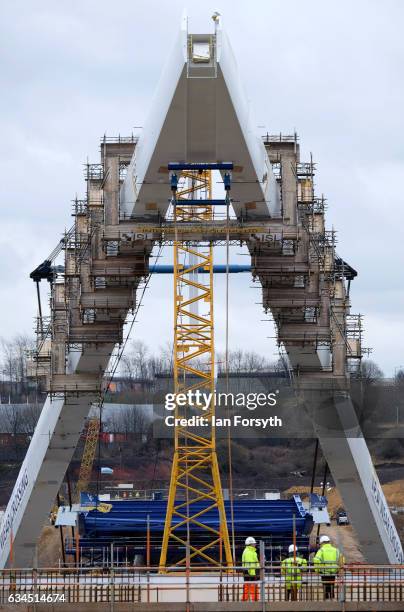 The final 100 metre centrepiece of Sunderland's new River Wear crossing is lifted into place on February 10, 2017 in Sunderland, United Kingdom. The...