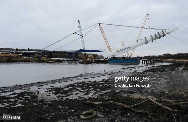 The final 100 metre centrepiece of Sunderland's new River Wear crossing is lifted into place on February 10, 2017 in Sunderland, United Kingdom. The...