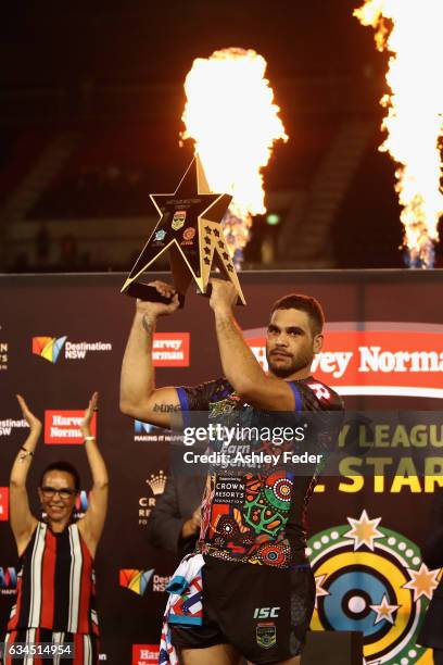 Greg Inglis of Indigenous All Stars celebrates the win during the NRL All Stars match between the 2017 Harvey Norman All Stars and the NRL World All...