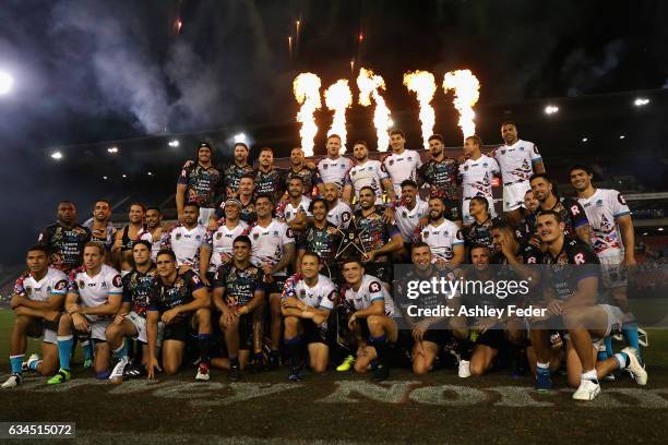 Players from both teams celebrate the end of the game during the NRL All Stars match between the 2017 Harvey Norman All Stars and the NRL World All...