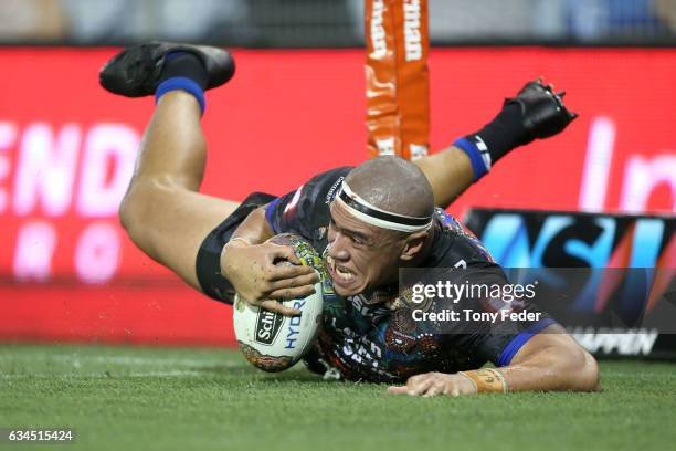 Leilani Latu of the Indigenous All Stars scores a try during the NRL All Stars match between the 2017 Harvey Norman All Stars and the NRL World All...