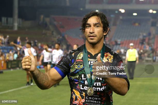 Johnathan Thurston of the Indigenous All Stars with the man of the match medal during the NRL All Stars match between the 2017 Harvey Norman All...