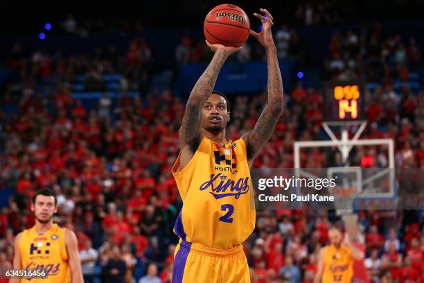 Greg Whittington of the Kings shoots a free throw during the round 19 NBL match between the Perth Wildcats and the Sydney Kings at Perth Arena on...