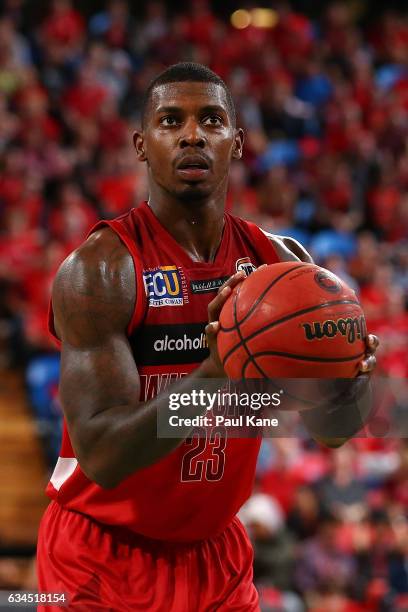 Casey Prather of the Wildcats shoots a free throw during the round 19 NBL match between the Perth Wildcats and the Sydney Kings at Perth Arena on...