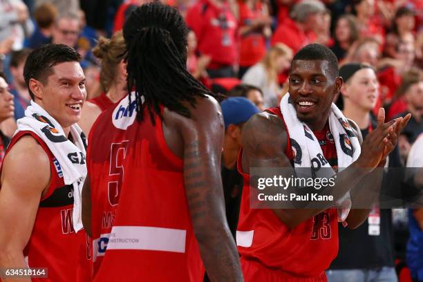 Casey Prather of the Wildcats celebrates winning the round 19 NBL match between the Perth Wildcats and the Sydney Kings at Perth Arena on February...