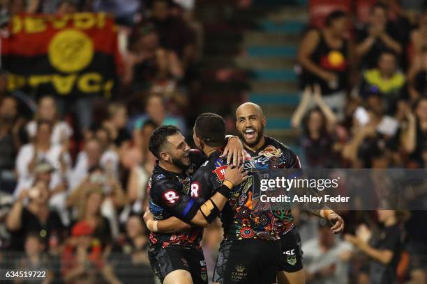 Indigenous All Stars celerbrate a try during the NRL All Stars match between the 2017 Harvey Norman All Stars and the NRL World All Stars at McDonald...