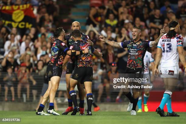 Indigenous All Stars celerbrate a try from Ashley Taylor during the NRL All Stars match between the 2017 Harvey Norman All Stars and the NRL World...