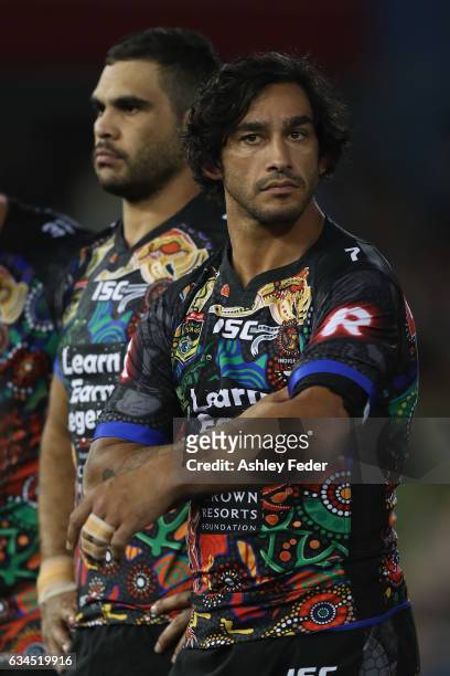 Johnathan Thurston and Greg Inglis of Indigenous All Stars look on before the game during the NRL All Stars match between the 2017 Harvey Norman All...