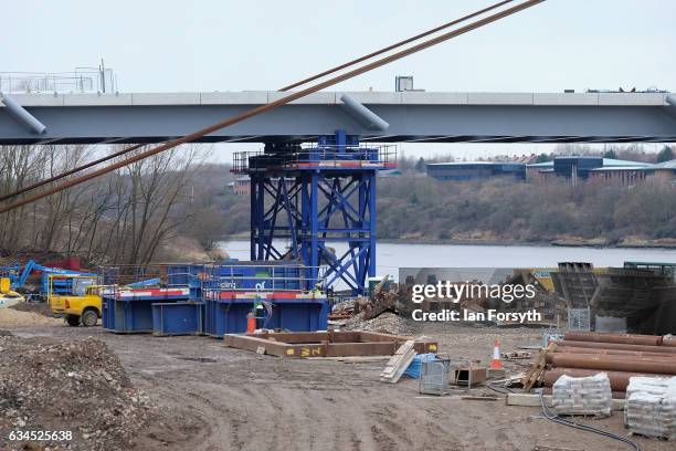 Work on the site continues as the final 100 metre centrepiece of Sunderland's new River Wear crossing is lifted into place on February 10, 2017 in...