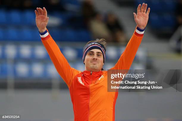 First place Jan Smeekens of Netherlands celebrates during a medal ceremony in the Men 500m during the ISU World Single Distances Speed Skating...