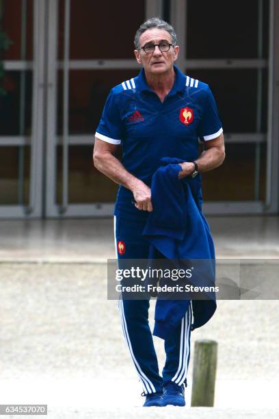 France head coach Guy Noves arrives for a press conference at National Center of Rugby in Marcoussis, on February 10, 2017 in Marcoussis, France. The...