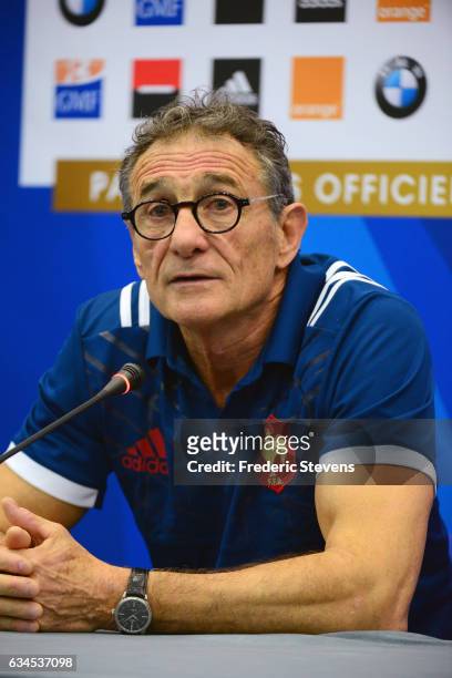 France head coach Guy Noves speaks during a press conference at National Center of Rugby in Marcoussis, on February 10, 2017 in Marcoussis, France....