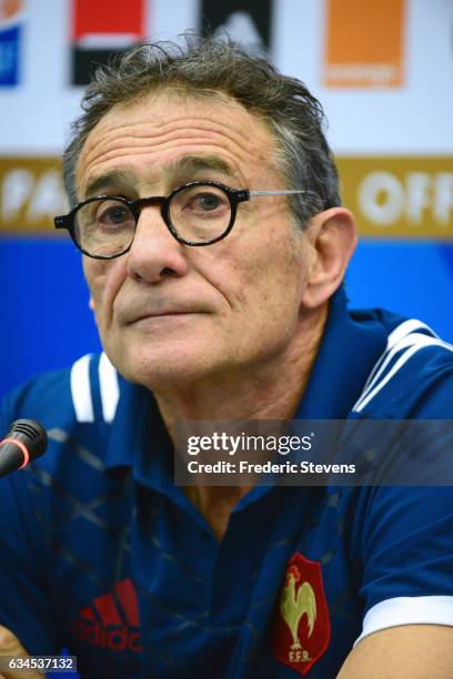 France head coach Guy Noves speaks during a press conference at National Center of Rugby in Marcoussis, on February 10, 2017 in Marcoussis, France....