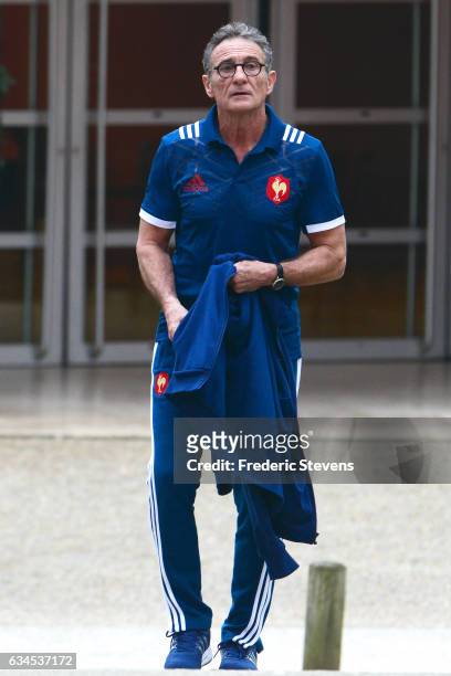 France head coach Guy Noves arrives for a press conference at National Center of Rugby in Marcoussis, on February 10, 2017 in Marcoussis, France. The...