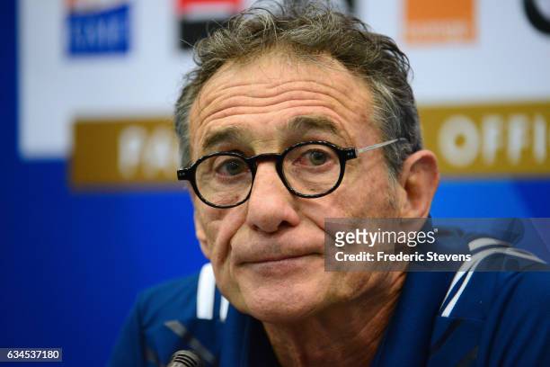 France head coach Guy Noves speaks during a press conference at National Center of Rugby in Marcoussis, on February 10, 2017 in Marcoussis, France....