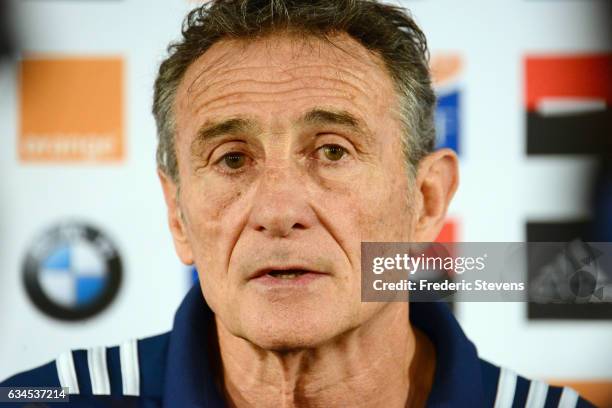 France head coach Guy Noves speaks during a press conference at National Center of Rugby in Marcoussis, on February 10, 2017 in Marcoussis, France....