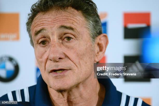 France head coach Guy Noves speaks during a press conference at National Center of Rugby in Marcoussis, on February 10, 2017 in Marcoussis, France....