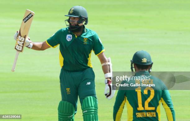 Hashim Amla of the Proteas celebrates his 50 runs during the 5th ODI between South Africa and Sri Lanka at SuperSport Park on February 10, 2017 in...