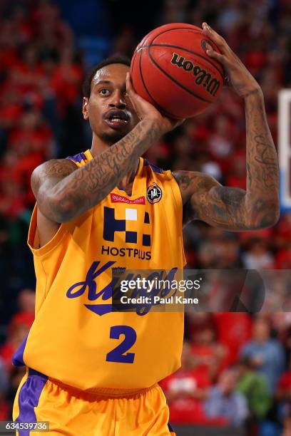 Greg Whittington of the Kings shoots a free throw during the round 19 NBL match between the Perth Wildcats and the Sydney Kings at Perth Arena on...