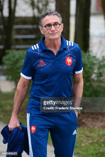 France head coach Guy Noves arrives for a press conference at National Center of Rugby in Marcoussis, on February 10, 2017 in Marcoussis, France. The...