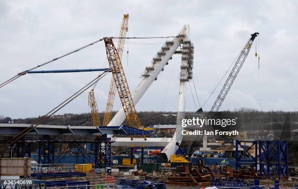 The final 100 metre centrepiece of Sunderland's new River Wear crossing is lifted into place on February 10, 2017 in Sunderland, United Kingdom. The...