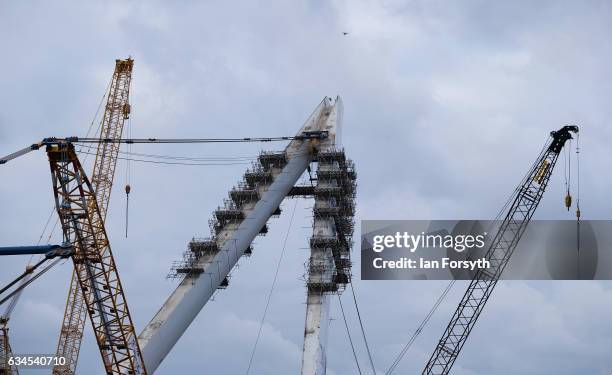 Drone flies above as the final 100 metre centrepiece of Sunderland's new River Wear crossing is lifted into place on February 10, 2017 in Sunderland,...