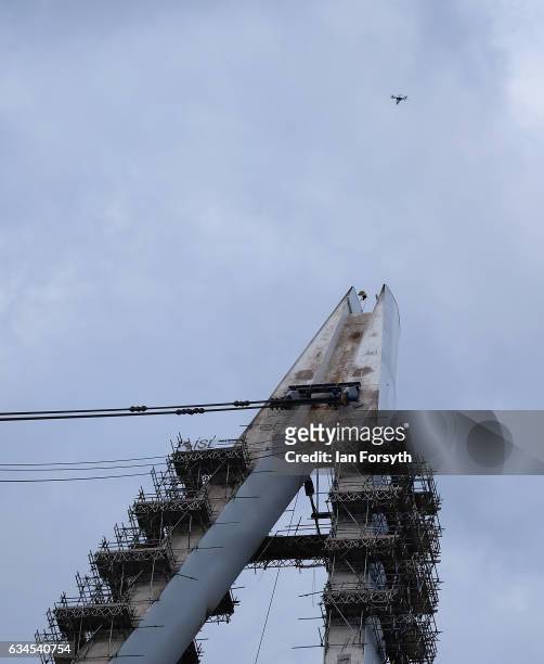 Drone flies above as the final 100 metre centrepiece of Sunderland's new River Wear crossing is lifted into place on February 10, 2017 in Sunderland,...