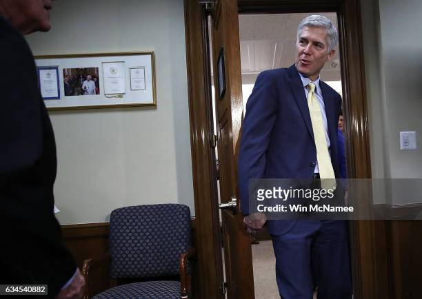 Supreme Court nominee Judge Neil Gorsuch enters the office of Sen. Roger Wicker for a meeting on Capitol Hill February 10, 2017 in Washington, DC....