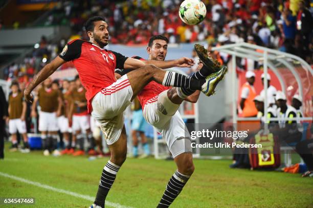 Mahmoud Abdelmonem Abdelhamid Soliman and Ahmed Hassan Mohamed Abdelmonem Mohamed Mahgoub of Egypt during the Quarter Final African Nations Cup match...