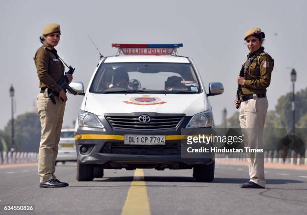 Women police personnel with a newly-launched all-women PCR van, providing a shot in the arm to the women-safety apparatus at Rajpath, on February 10,...