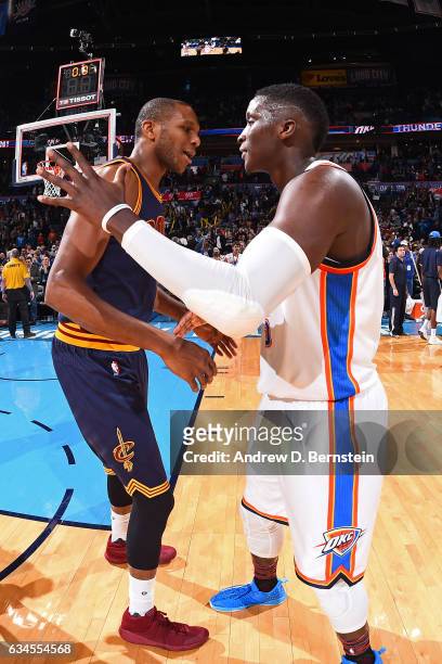 James Jones of the Cleveland Cavaliers and Victor Oladipo of the Oklahoma City Thunder shake hands after the game on February 9, 2017 at Chesapeake...